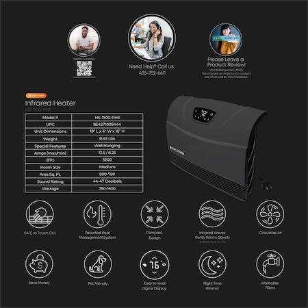 Heat Storm Infrared Space Heater, WIFI, Wall Mount, Digital Display, Adjustable Thermostat, 1500W, 120V, White HS-1500-PHXG-WI